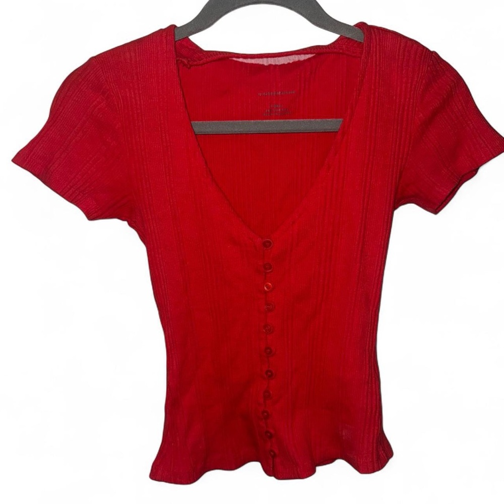 Anthropologie Red Fitted Buttoned Blouse
